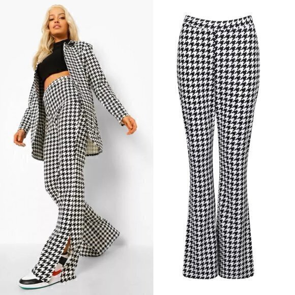 Boohoo High Waisted Dogtooth Check Split Front Trousers Size 12 Tall NWT - Picture 1 of 6